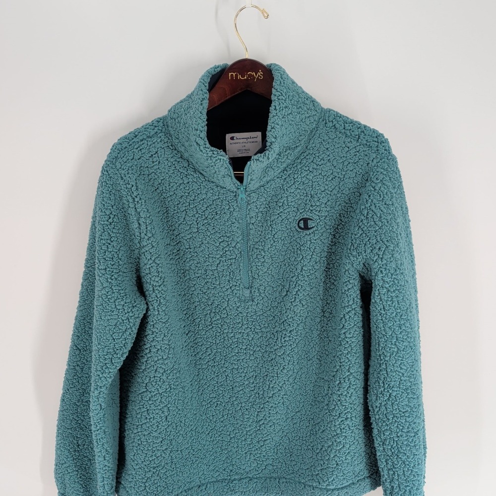 Champion Authentic 1/4 Zip Stand Collar Fleece Pullover Sweater Teal Size L‎